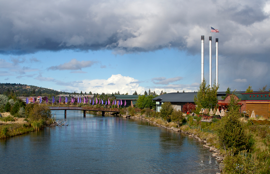 Old Mill District, footbridge and Deschutes River in Bend Oregon Old Mill District, footbridge and Deschutes River in Bend Oregon